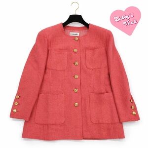 Gorgeous Vintage CHANEL Coral Jacket with Gold CC Logo Accents